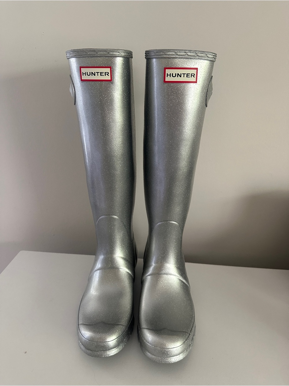 Hunter Original Tall Cosmic Silver Glitter Rain Boots Size 8 New with box